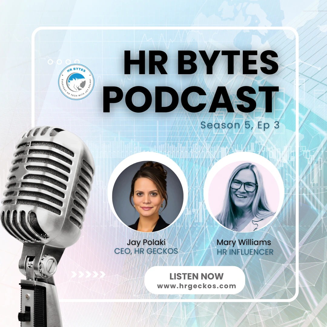 Promotional tile for HR Bytes Season 5: Episode 03, featuring Mary Williams. The image includes her professional headshot, a large microphone graphic, and a link to hrgeckos.com/podcast.